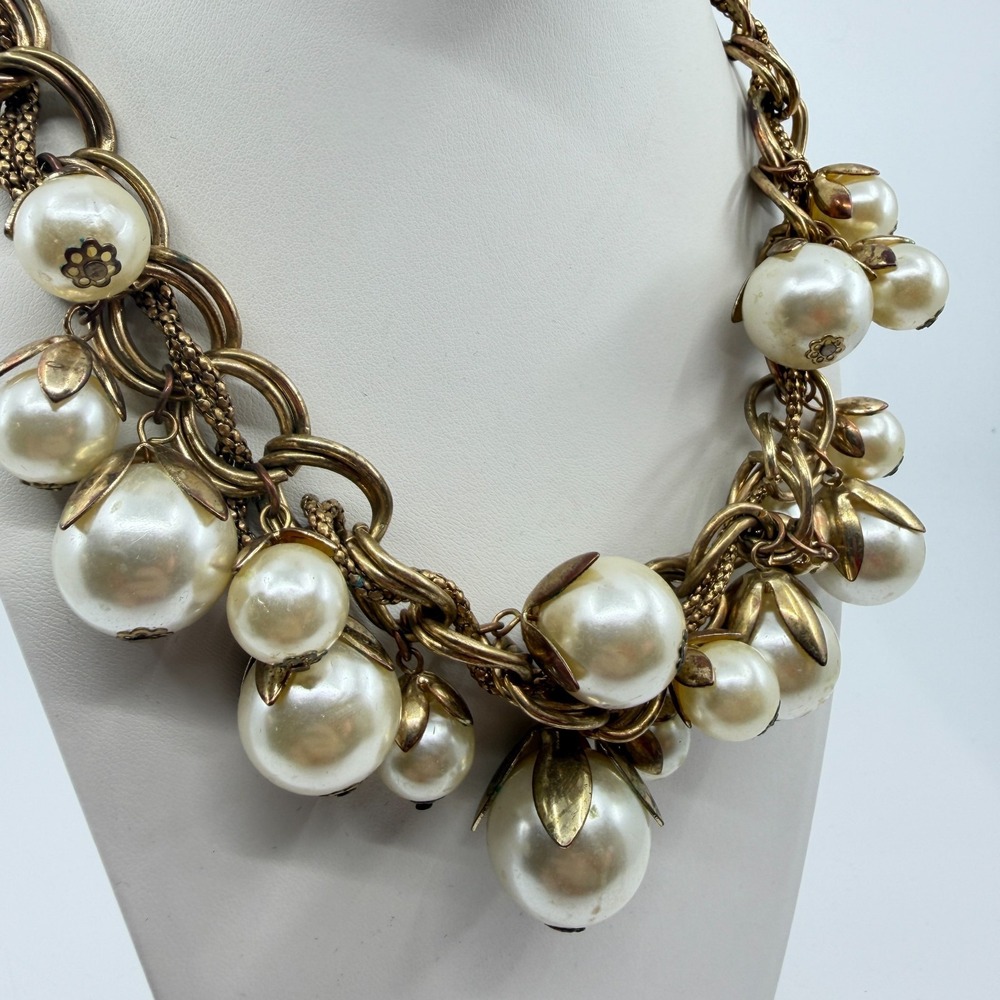 Gold Tone Faux Pearl Cluster Necklace - Boho Chunky Layering Statement - Picture 4 of 13